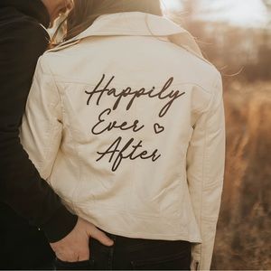 “Happily Ever After” vegan leather David’s Bridal bride jacket small